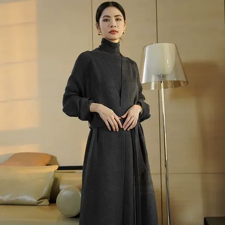 咖色针织开衫女秋季2023新款长袖过膝毛衣外套系带浴袍外搭中长款图片