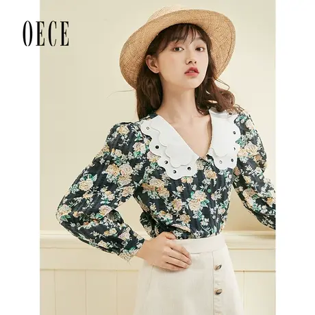 Oece春秋碎花上衣复古花瓣领长袖印花衬衫设计感上衣商品大图