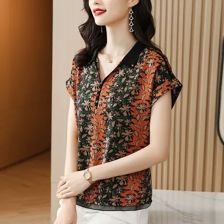 2023大牌妈妈夏装重磅真丝衬衫女印花宽松中老年香云纱桑蚕丝上衣商品大图