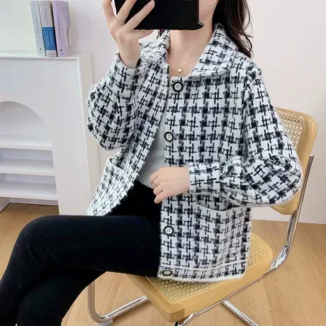 水貂绒短外套女秋冬加厚小香风开衫2023年新款爆款千鸟格上衣外穿图片