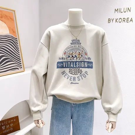 ins复古港味原宿风印花上衣2023秋季韩代同款长袖卫衣宽松学院风图片