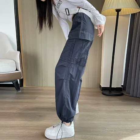 美式工装裤女春秋新款运动裤高腰宽松显瘦抽绳束脚阔腿休闲拖地裤图片
