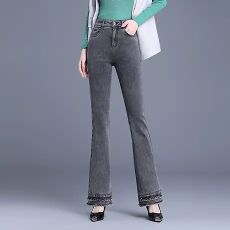 烟灰色微喇牛仔裤女2023秋季新款修身显瘦高腰毛边时尚洋气长裤子商品大图