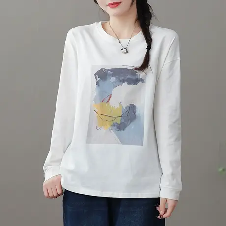 dza复古纯棉白色圆领长袖t恤女士春秋新款宽松打底衫休闲百搭上衣商品大图