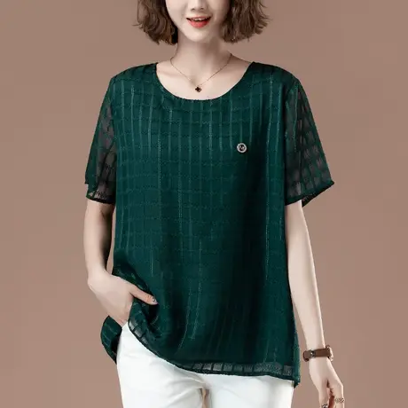 雪纺衫女短袖夏季新款加肥加大码女装宽松中年妈妈圆领显瘦薄上衣图片