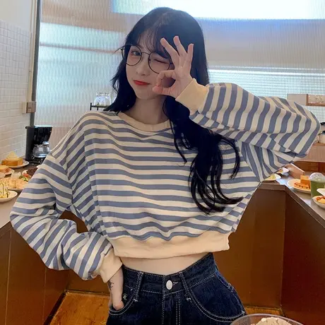 短款条纹卫衣女2020春秋薄款宽松韩版潮ins原宿bf慵懒风上衣外套商品大图