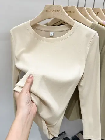 长袖t恤女初秋季2023新款圆领修身上衣加绒加厚打底衫女内搭秋冬商品大图