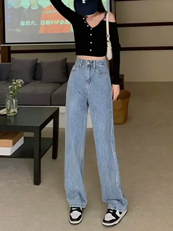 清仓捡漏阔腿牛仔裤女春夏2023新款高腰宽松设计感拖地直筒裤ins图片