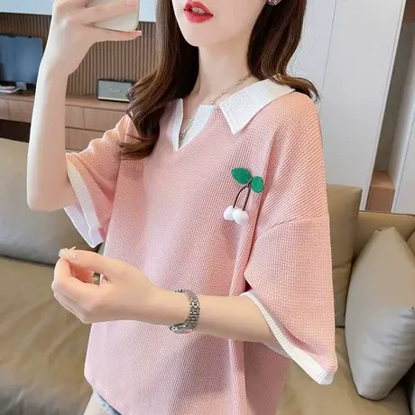 设计感小众短袖t恤女夏季韩版宽松大码翻领撞色百搭假两件上衣服图片