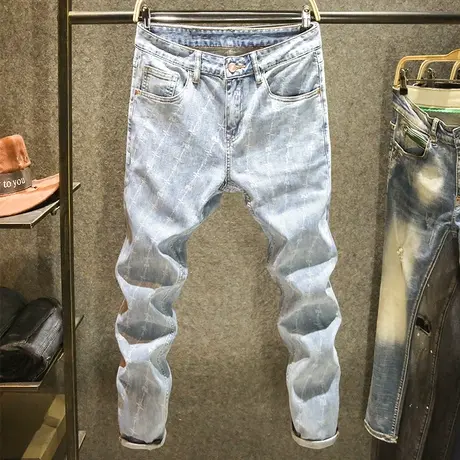 春夏季浅蓝色修身牛仔裤男士韩版潮流小脚裤原创潮牌个性印花长裤商品大图