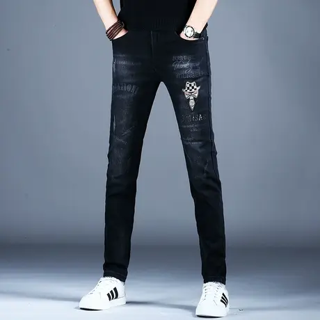 秋冬季刺绣黑色牛仔裤男款2023新款弹力美式潮牌潮流修身小脚裤子商品大图