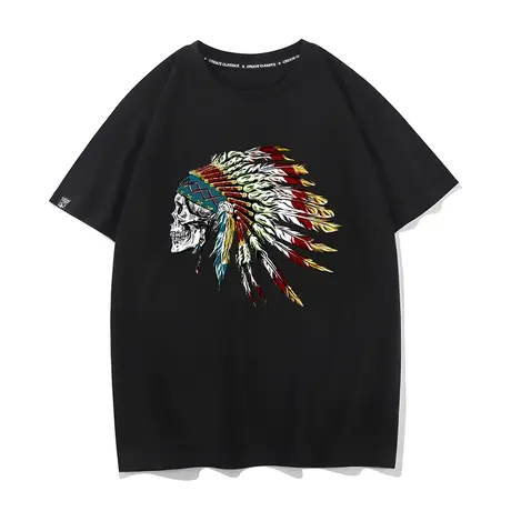 秀洛欧美风西部摇滚乐队骷髅头重金属纯棉印第安人头像短袖T恤男商品大图