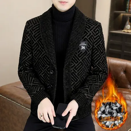 翻领夹克男冬装新款加绒加厚金貂绒夹克休闲长款修身毛呢大衣外套图片