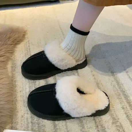 外穿包头半拖鞋女冬季新款2023平底防滑鞋子加绒加厚复古ins女鞋商品大图