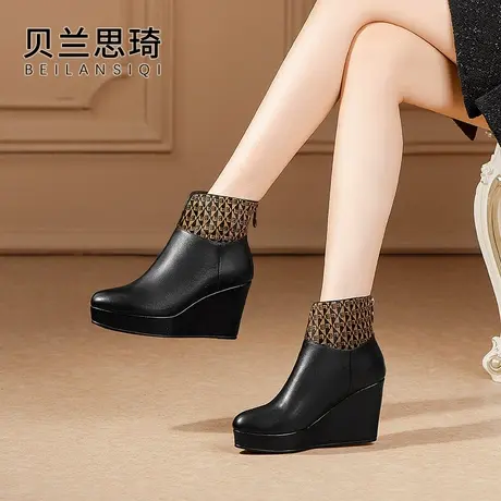 真皮舒适圆头厚底坡跟短靴女2023秋冬季新款拼接防水台高跟踝靴子图片