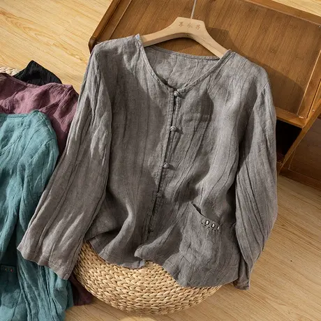 享永子砂洗亚麻衬衫女文艺复古宽松显瘦棉麻上衣小众设计2024新款图片