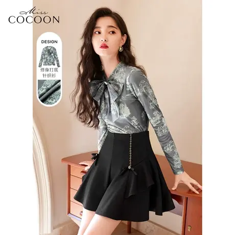 missCOCOON蝴蝶结针织衫女2023新款春印花设计感显瘦打底外穿上衣商品大图
