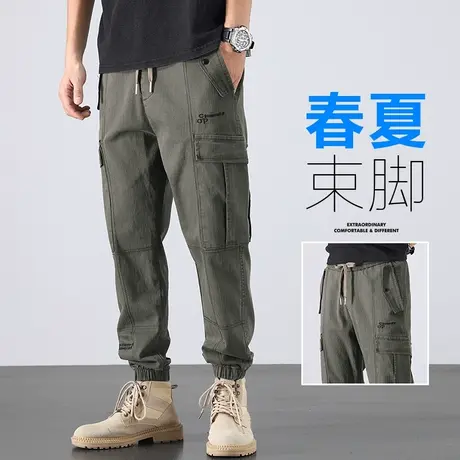 秋季春秋款军绿色潮牌多口袋工装裤男士束脚九分哈伦休闲裤男裤子商品大图