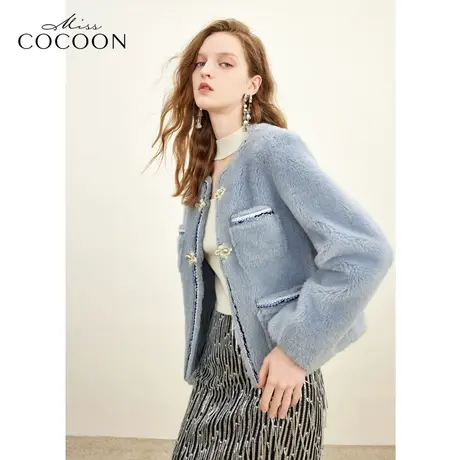 missCOCOON新中式盘扣绵羊毛皮草女2023冬季新款时尚短款毛毛外套图片