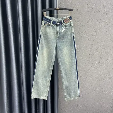 2024春季新款浅蓝个性贴布牛仔裤女撞色高腰显瘦小众阔腿直筒裤潮图片