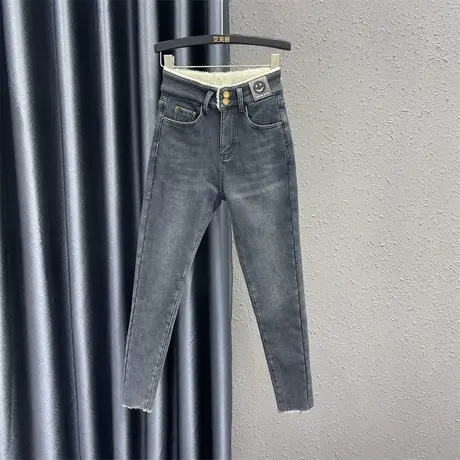 欧货蓝灰色小脚牛仔裤女2023冬季新款个性贴布高腰显瘦加绒铅笔裤图片