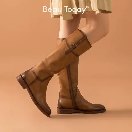 BeauToday靴子女长筒靴秋冬新款复古英伦风不过膝长靴真皮机车靴图片