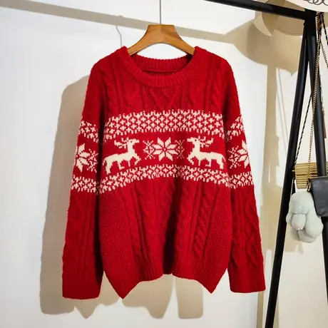 圣诞红色毛衣女圆领套头秋冬新款宽松慵懒麻花打底针织衫上衣外穿商品大图