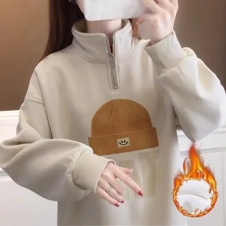 冬季保暖半高领卫衣女2023新款加绒情侣外套ins潮复古慵懒风上衣商品大图