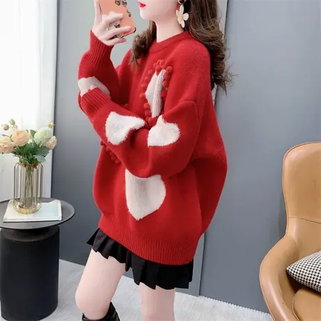 本命年新年红色圆领毛衣女秋冬2023年新款宽松设计感减龄针织上衣商品大图