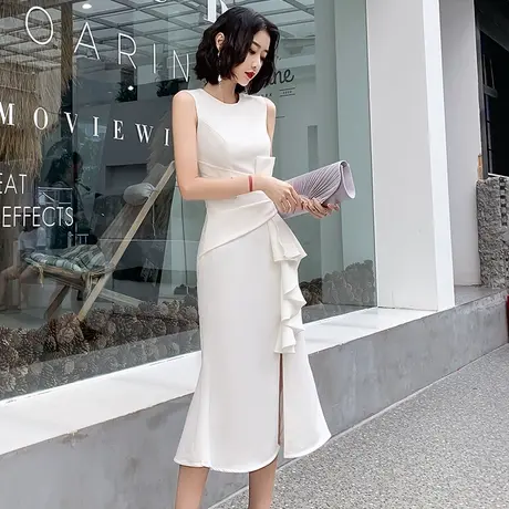 高端晚礼服女2023新款高贵宴会修身连衣裙白色鱼尾平时可穿中长款图片