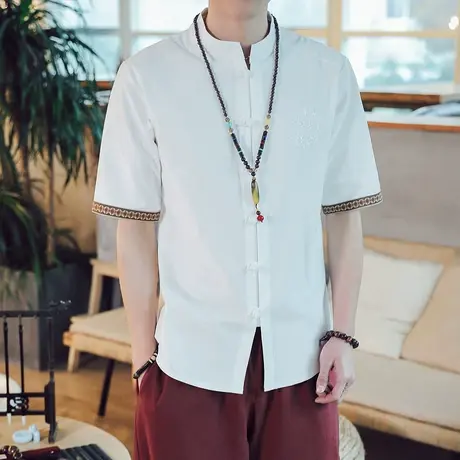 夏季中国风男唐装短袖衬衫复古盘扣古装汉服茶服男装休闲禅服上衣商品大图