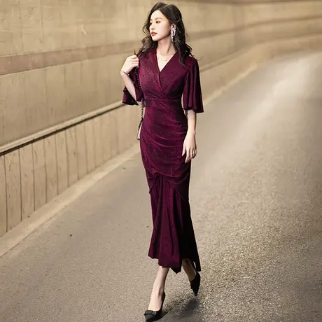 红色晚礼服女2024新款长款高级感鱼尾奢华大牌主持年会宴会连衣裙商品大图