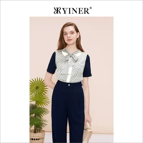 YINER音儿专选女装夏季短袖蝴蝶结领衬衫印花慵懒风商品大图