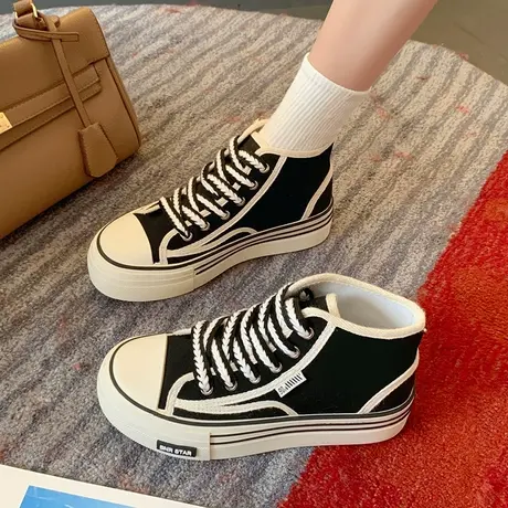 高帮帆布鞋小白鞋女款2024春秋新款厚底增高休闲老爹运动白色板鞋图片