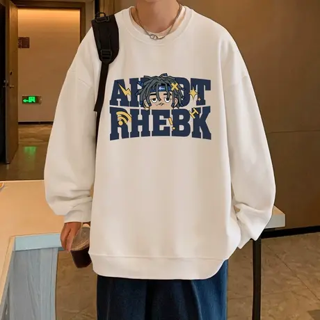 卡通印花圆领卫衣男秋季美式复古重磅上衣潮牌秋冬宽松套头打底衫商品大图