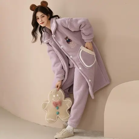 珊瑚绒睡衣女加睡裤套装中长款过膝无帽前扣两件套睡袍冬商品大图