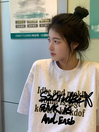 花灰色短袖t恤女纯棉夏季2023新款美式复古宽松半袖上衣oversize商品大图