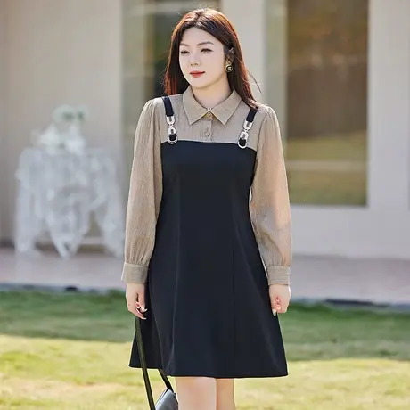 2024年春装新款大码学院风休闲假两件拼接气质衬衫显瘦胖MM连衣裙图片