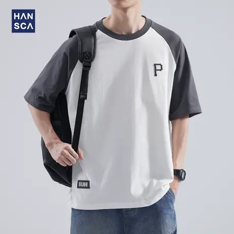 hansca 插肩袖字母印花短袖T恤男宽松夏季重磅撞色拼接半袖上衣服商品大图