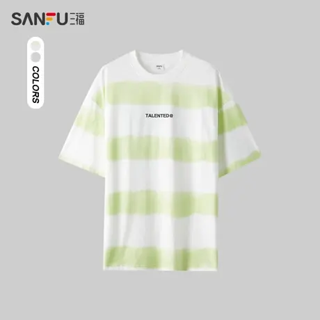 三福2024夏季男士横条椰树字母短T恤 休闲个性圆领上衣男484288商品大图