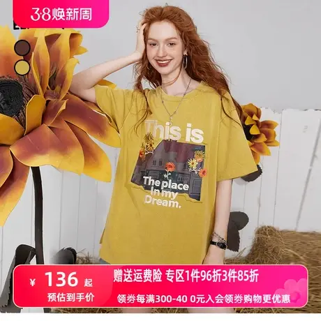 妖精的口袋复古宽松t恤女2023夏季新款印花刺绣短款显瘦圆领上衣图片