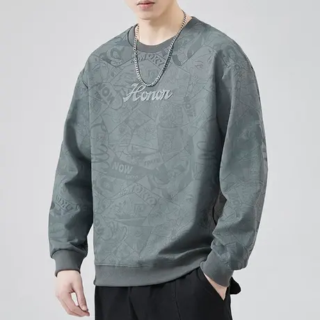 男装潮牌痞帅印花秋天圆领卫衣春秋款重磅高街长袖上衣服2023新款图片