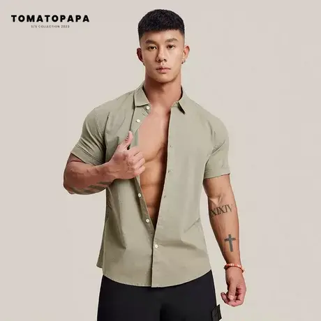TOMATOPAPA春夏新款衬衫短袖男基础纯色简约青年翻领开衫外套上衣商品大图