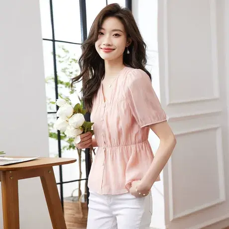 时尚气质天丝短袖衬衫2023年夏季新款淑女温柔V领宽松显瘦上衣图片