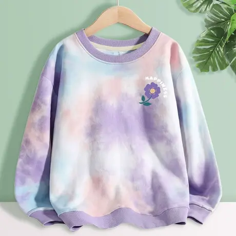 圆领无帽卫衣女春秋薄款2023年新款秋季扎染宽松紫色上衣秋款女装商品大图