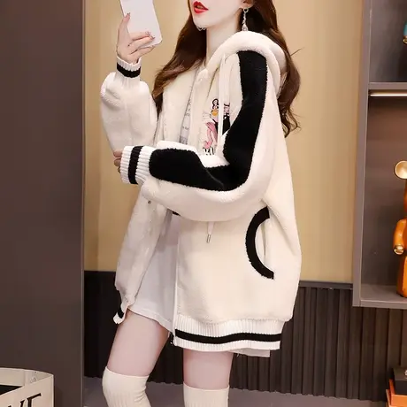 加绒加厚连帽卫衣开衫女2023新款秋冬季宽松慵懒风百搭羊羔毛外套图片