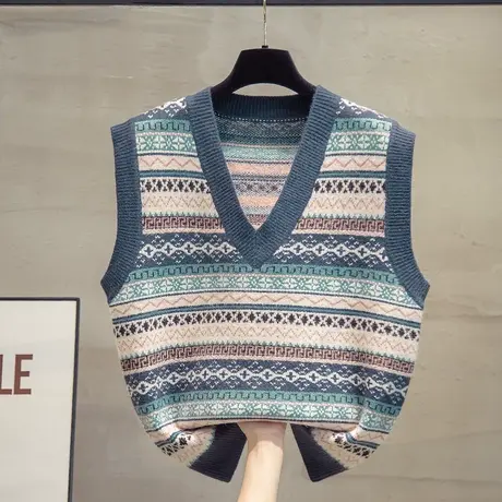 v领复古针织马甲背心女2023秋装新款上衣宽松马夹外搭毛衣坎肩潮图片