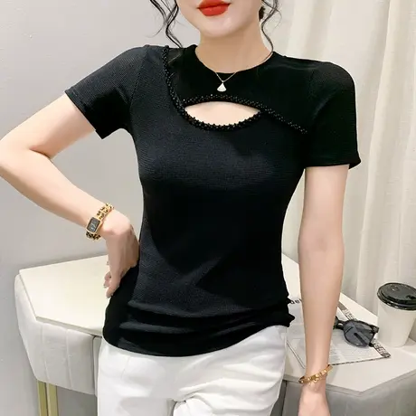 2023夏季新款时尚钉珠T恤女短袖性感镂空洋气小衫紧身网纱上衣ins商品大图
