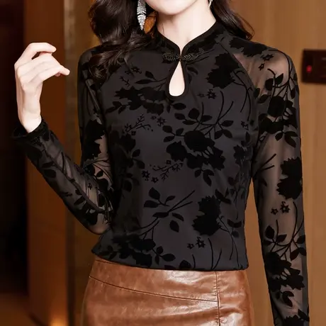 2023新款网纱打底衫女内搭复古盘扣气质小衫修身显瘦黑色长袖上衣商品大图