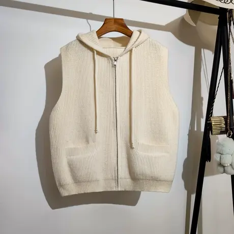 连帽拉链针织开衫马甲女士秋冬新款纯色百搭无袖毛衣背心马夹外套商品大图